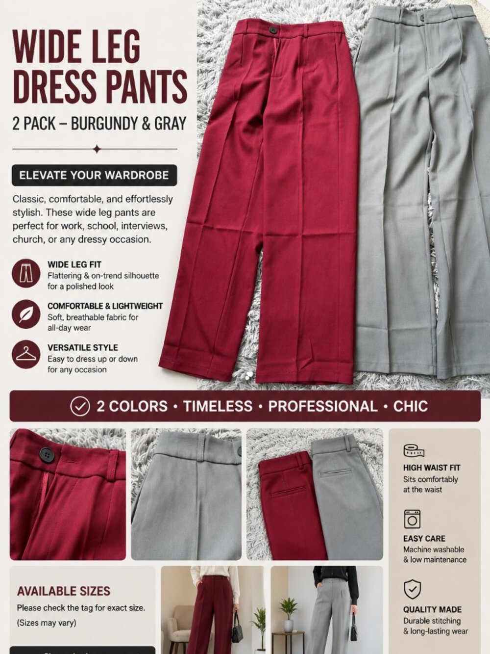 2 Pack Wide Leg Dress Pants Small Burgundy Gray High Waist Work Career